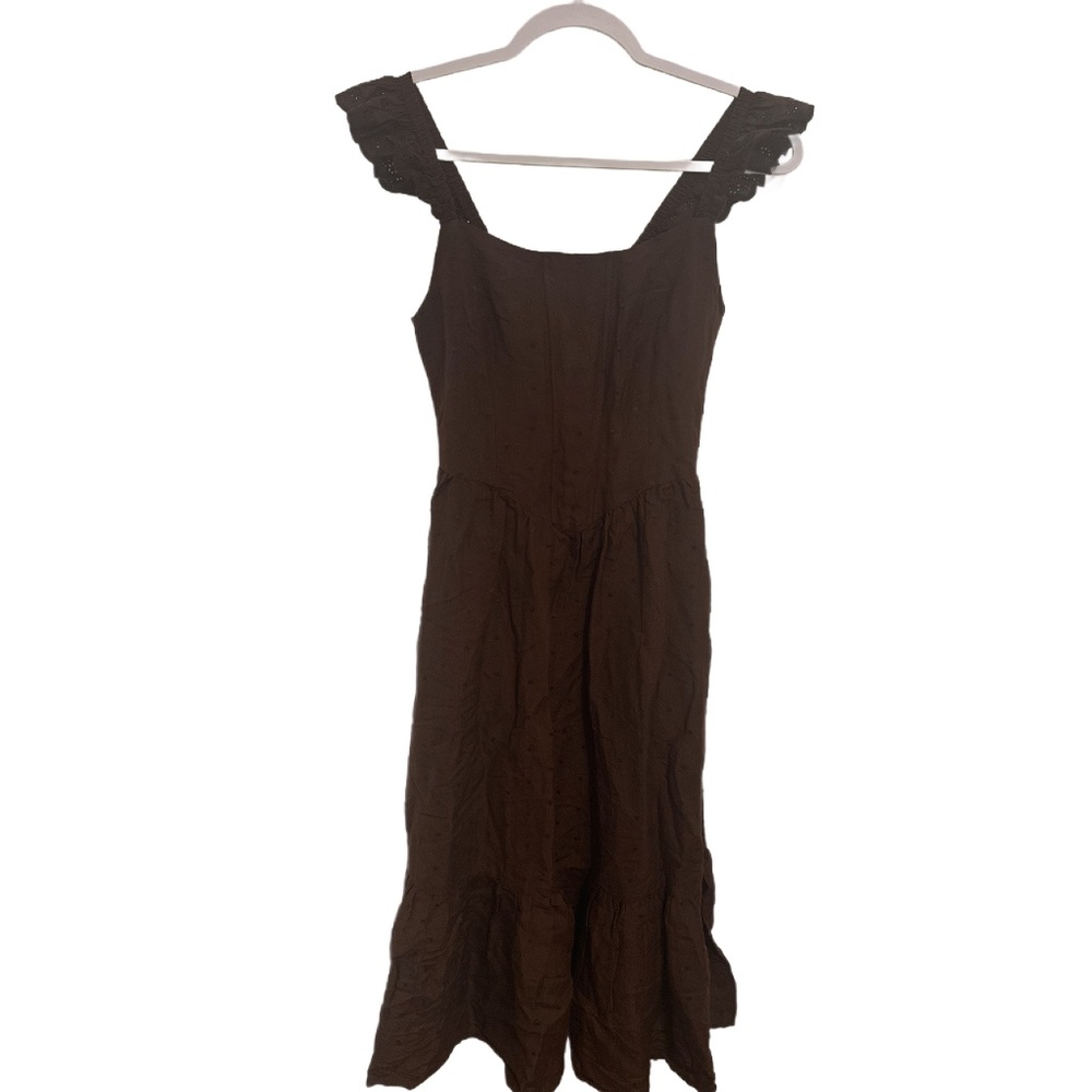 Dizzy Lizzy- Cotton Dobby Eyelet Trim Midi Dress, Burgundy